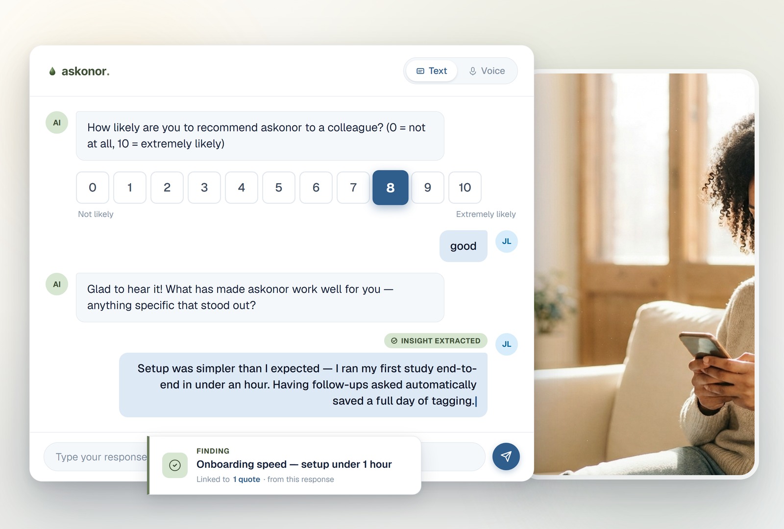 The askonor interview screen: a respondent's spoken answer to a low satisfaction score, with the AI following up for the reason behind it